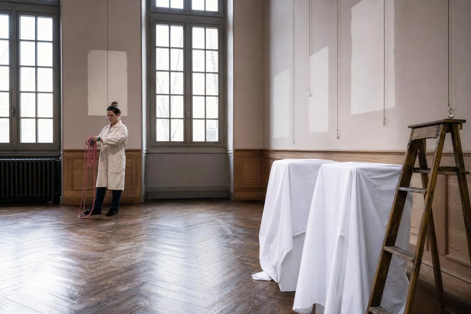 Salle d’exposition d’un musée fermée au public en hiver, cimaises nues et housses de protection sur des socles