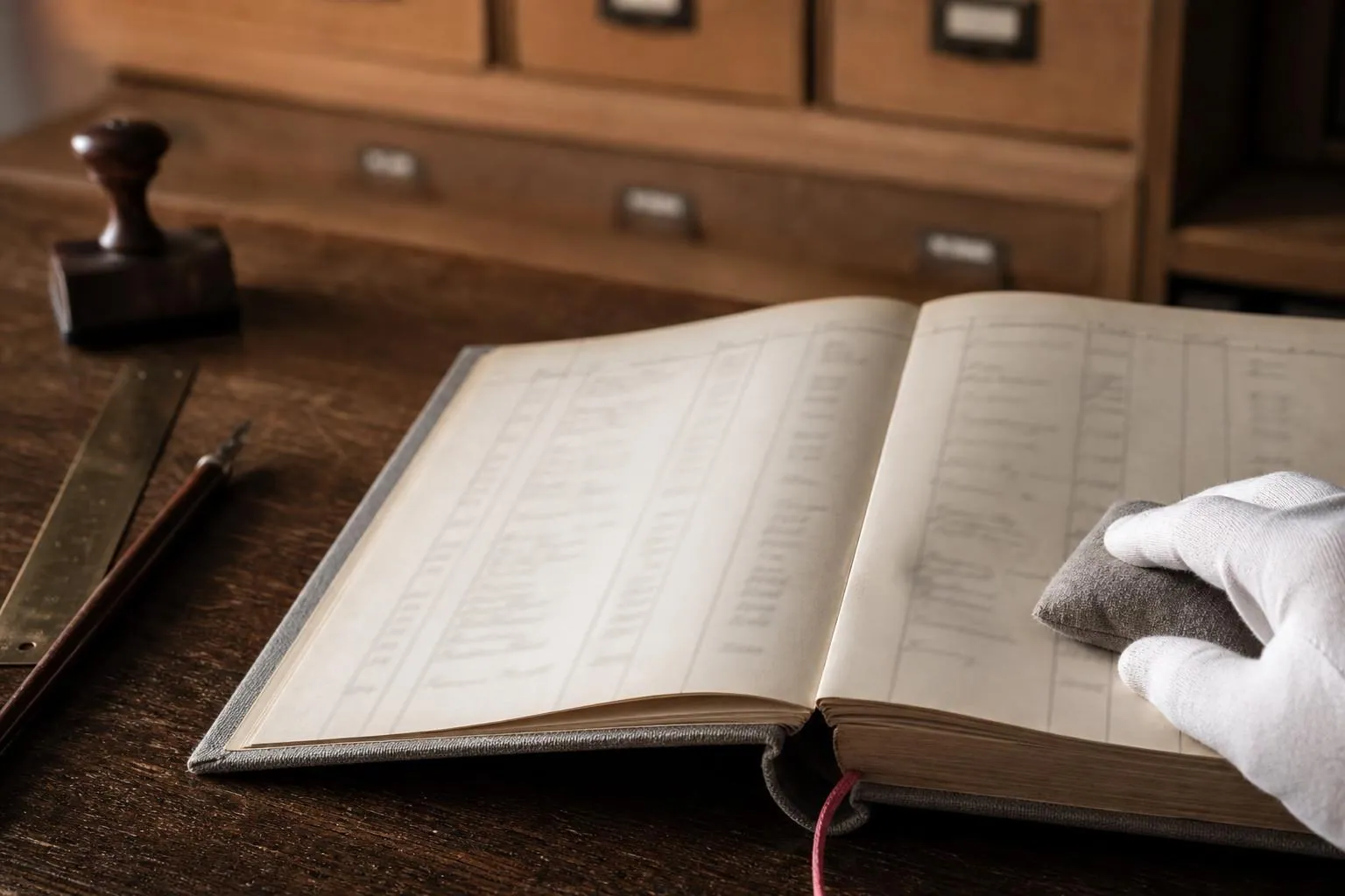Registre d’inventaire relié ouvert sur un pupitre de réserve, une main gantée maintenant la page à côté d’un tampon et d’un porte plume