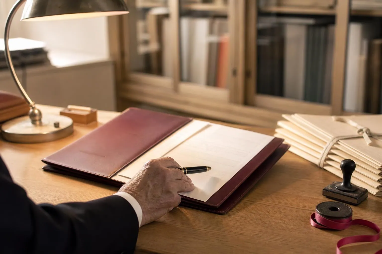 Un parapheur ouvert sur une table de bureau de musée avec un procès verbal relié, un stylo plume et une pile de dossiers cartonnés
