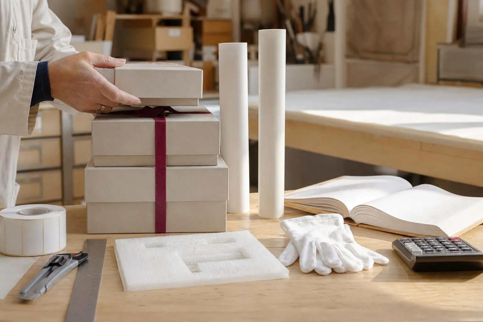 Comptoir d’atelier de conservation avec boîtes en carton neutre empilées, rouleaux de papier de soie, gants et bon de commande papier