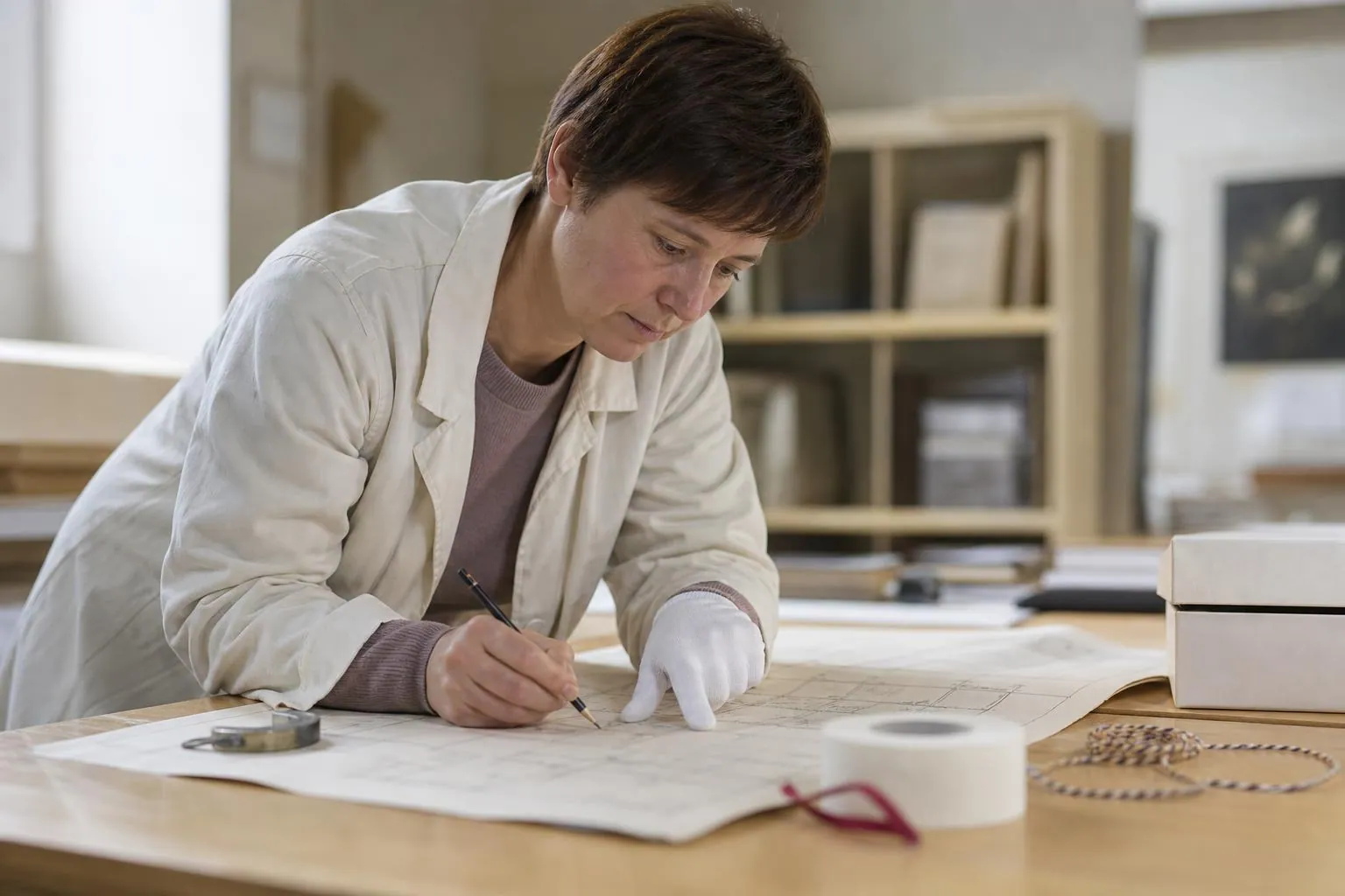 Une responsable de collections annote au crayon le plan papier d’une réserve de musée posé sur une table de travail