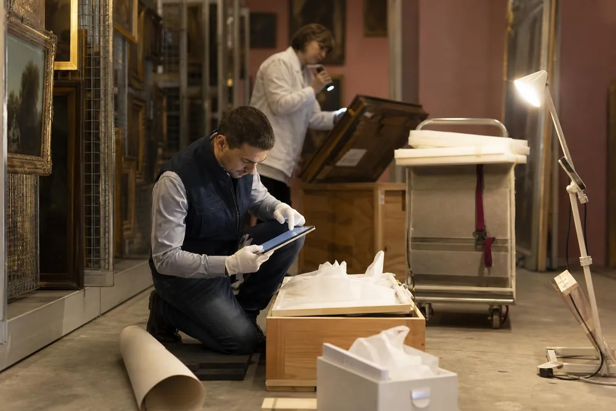 Agent de musée agenouillé devant une caisse de bois ouverte remplissant un constat d’état sur tablette dans une réserve, une collègue relève un numéro au dos d’un tableau